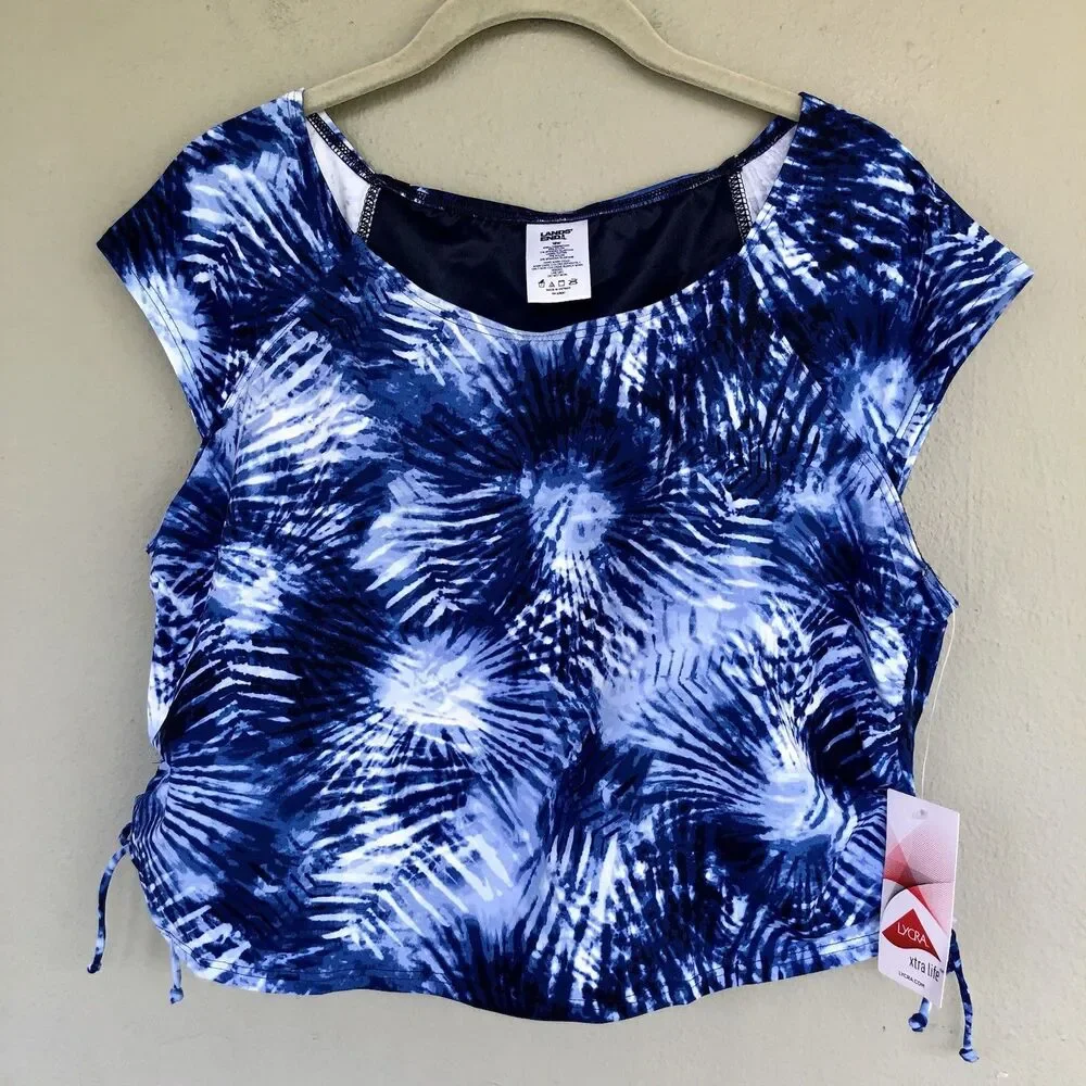 Lands End Tie Dye Tankini Swim Top Women 18W Blue Palm Print Padded Beach Resort